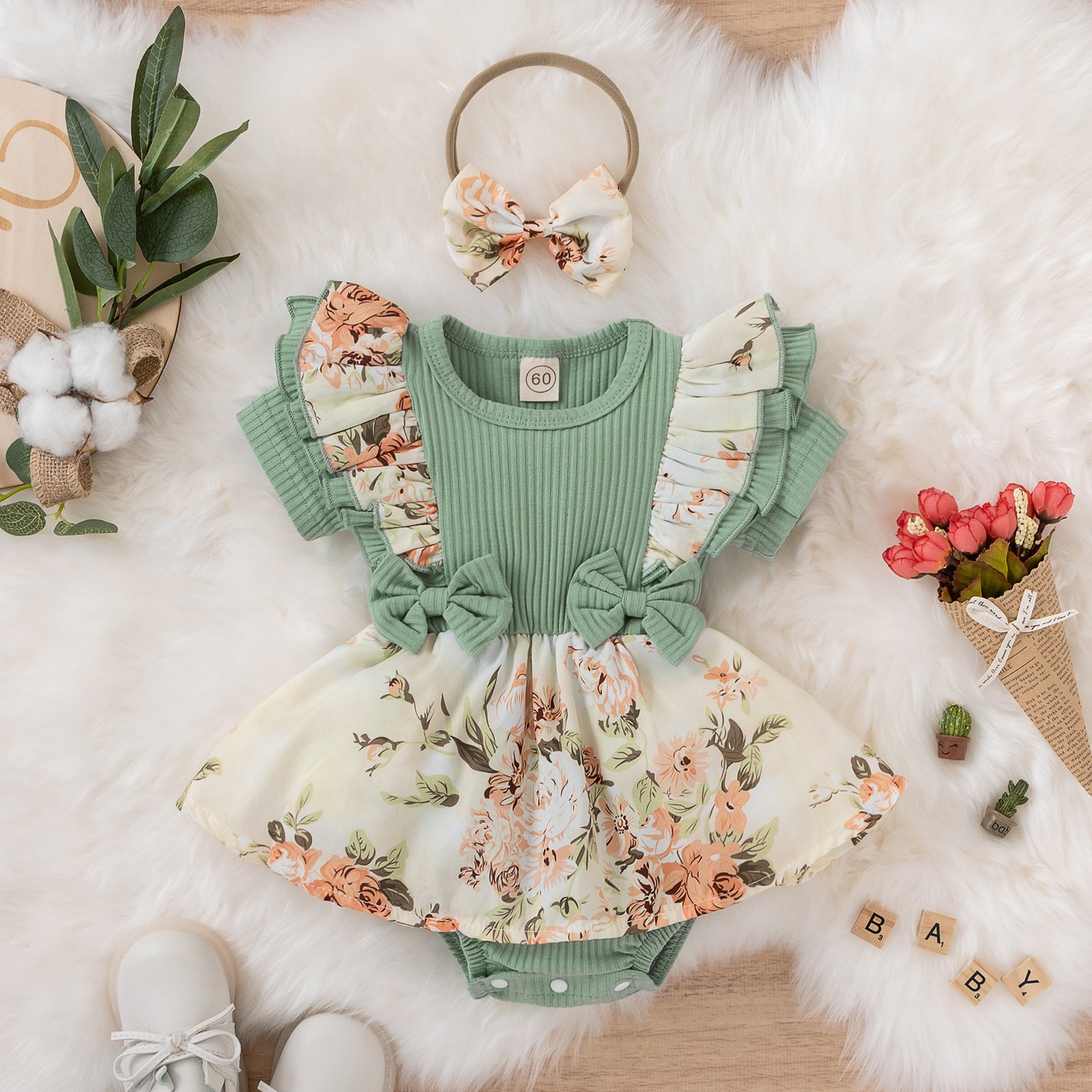 Infant Baby Girls Short Sleeve Romper Cute Flower Countryside Style Jumpsuits +headband Suit Newborn Baby Clothes
