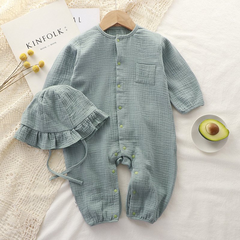 Newborn Baby Bodysuit Cotton Organic Bodysuit Seersucker Baby Romper Baby Ribbed Romper with Sun Bonnet