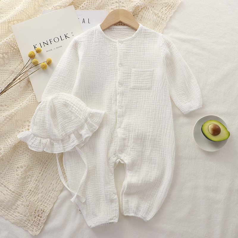 Newborn Baby Bodysuit Cotton Organic Bodysuit Seersucker Baby Romper Baby Ribbed Romper with Sun Bonnet