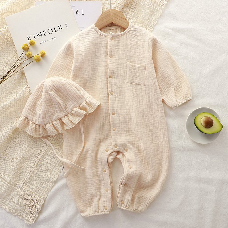 Newborn Baby Bodysuit Cotton Organic Bodysuit Seersucker Baby Romper Baby Ribbed Romper with Sun Bonnet