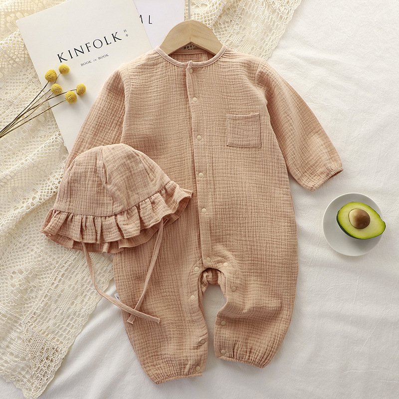 Newborn Baby Bodysuit Cotton Organic Bodysuit Seersucker Baby Romper Baby Ribbed Romper with Sun Bonnet