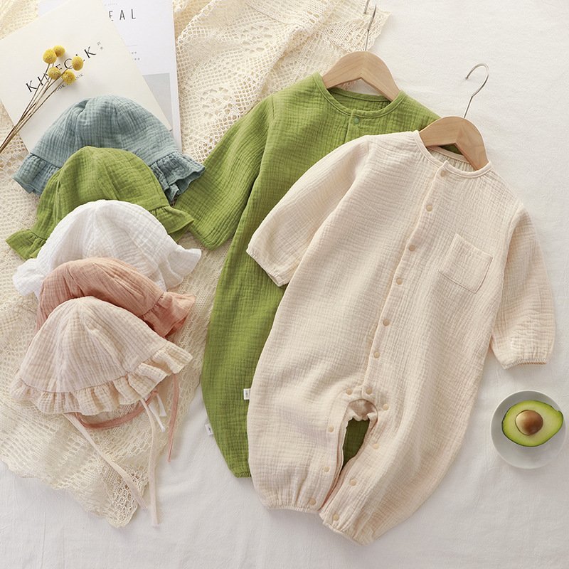 Newborn Baby Bodysuit Cotton Organic Bodysuit Seersucker Baby Romper Baby Ribbed Romper with Sun Bonnet