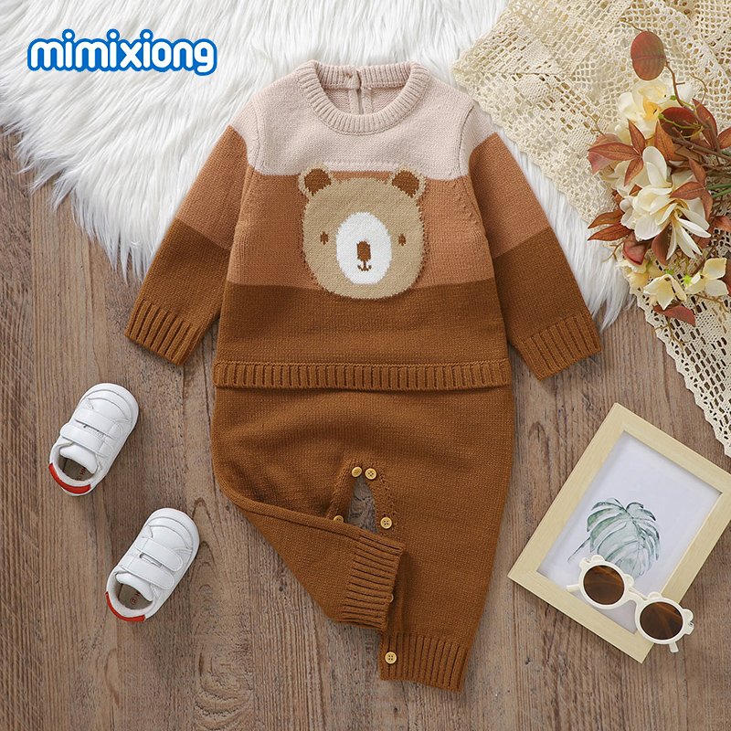 Mimixiong Newborn Baby Romper Jacquard Bear Long Sleeve Knitted Baby Clothes