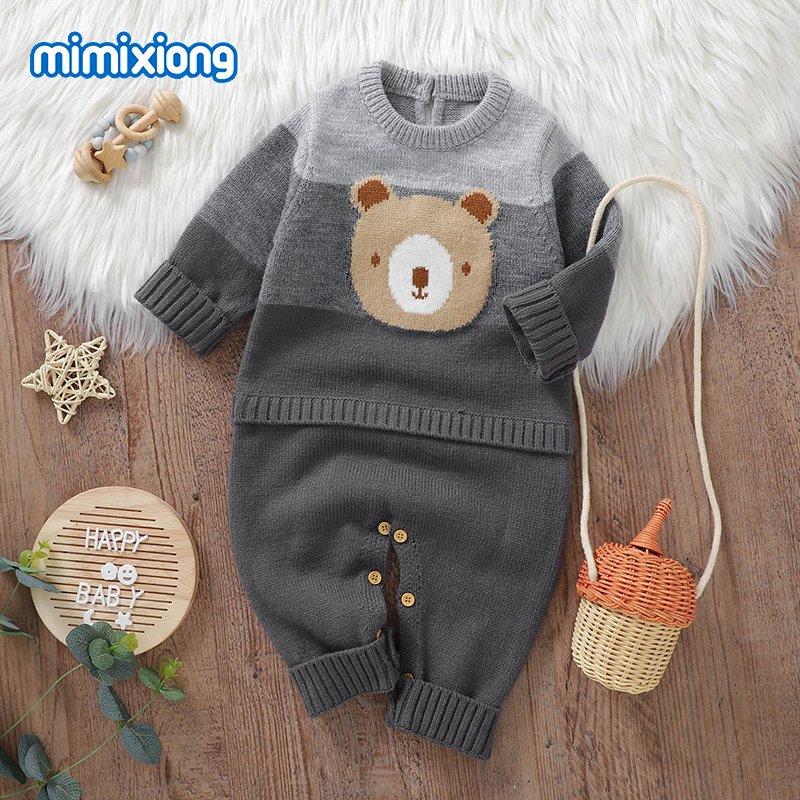 Mimixiong Newborn Baby Romper Jacquard Bear Long Sleeve Knitted Baby Clothes