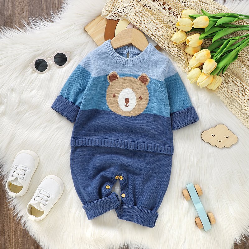 Mimixiong Newborn Baby Romper Jacquard Bear Long Sleeve Knitted Baby Clothes