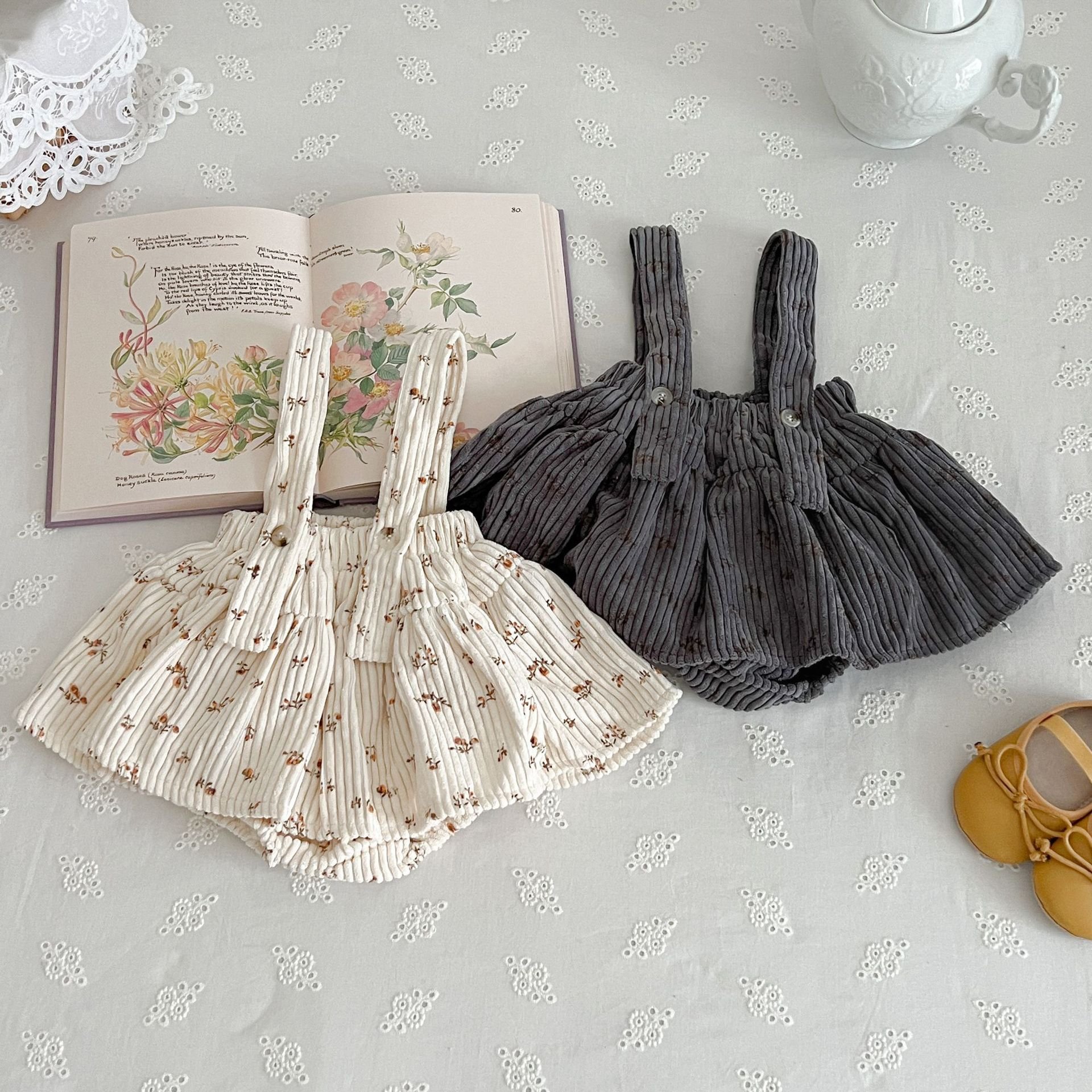 Spring Autumn Newborn Baby Girls' Flower Corduroy Halter Dress Romper Infant Toddler Kids Long Sleeve Top Clothing Sets