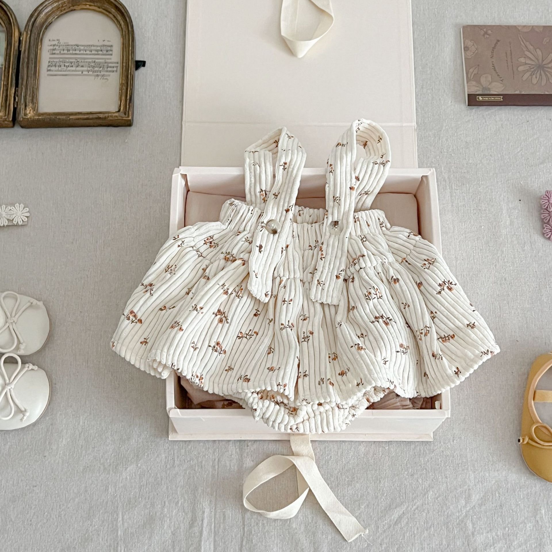 Spring Autumn Newborn Baby Girls' Flower Corduroy Halter Dress Romper Infant Toddler Kids Long Sleeve Top Clothing Sets