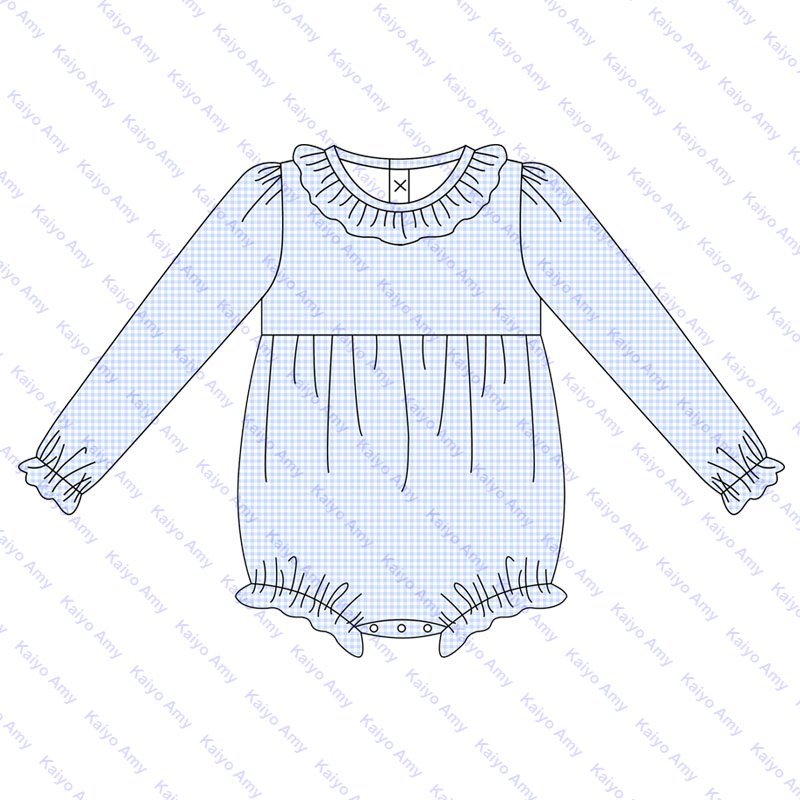 Embroidered woven micro gingham wholesale baby rompers ruffle collar puffy long sleeve bubble romper