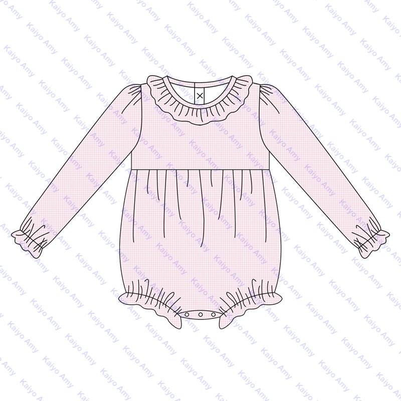 Embroidered woven micro gingham wholesale baby rompers ruffle collar puffy long sleeve bubble romper