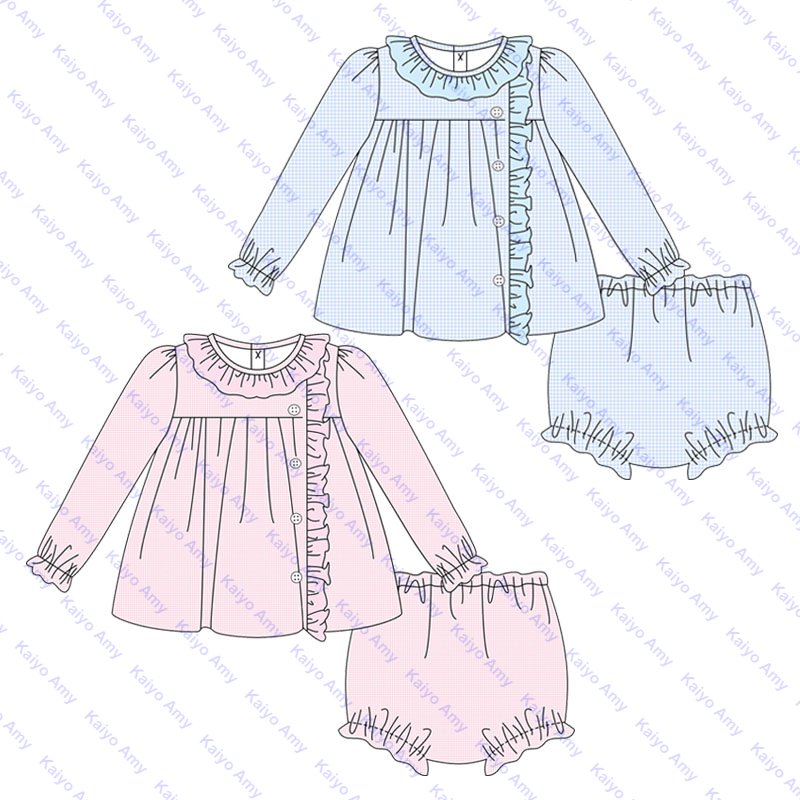 Embroidered woven micro gingham wholesale baby rompers ruffle collar puffy long sleeve bubble romper