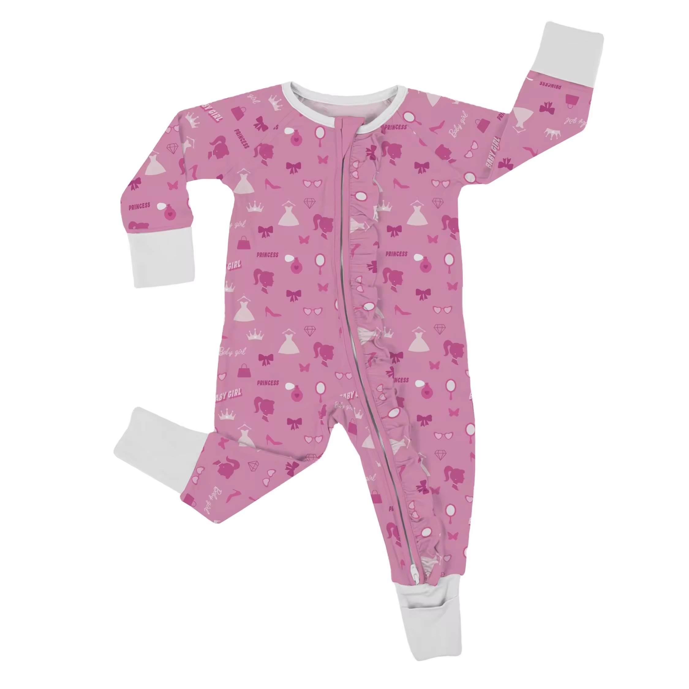 OEM Custom Print Ruffle Zipper Bamboo Baby Romper Kids Bamboo Clothing Fabric Baby Pajamas Rompers Baby Wholesale