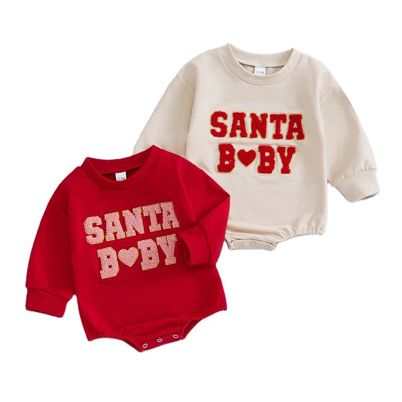 2025 Unisex Christmas Toddler Baby Clothes Sweatshirt Romper Santa Baby Chenille Letter Christmas Baby Sweater Bubble Romper