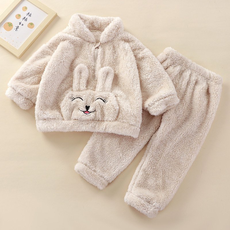 Children's suit cute bear and rabbit flannel Lounge Wear home clothes new autumn and winter cartoon warm pajamas with Pockets