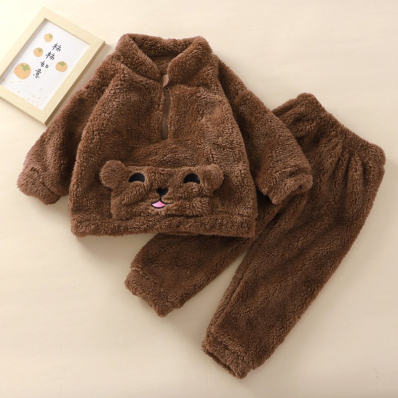 Children's suit cute bear and rabbit flannel Lounge Wear home clothes new autumn and winter cartoon warm pajamas with Pockets