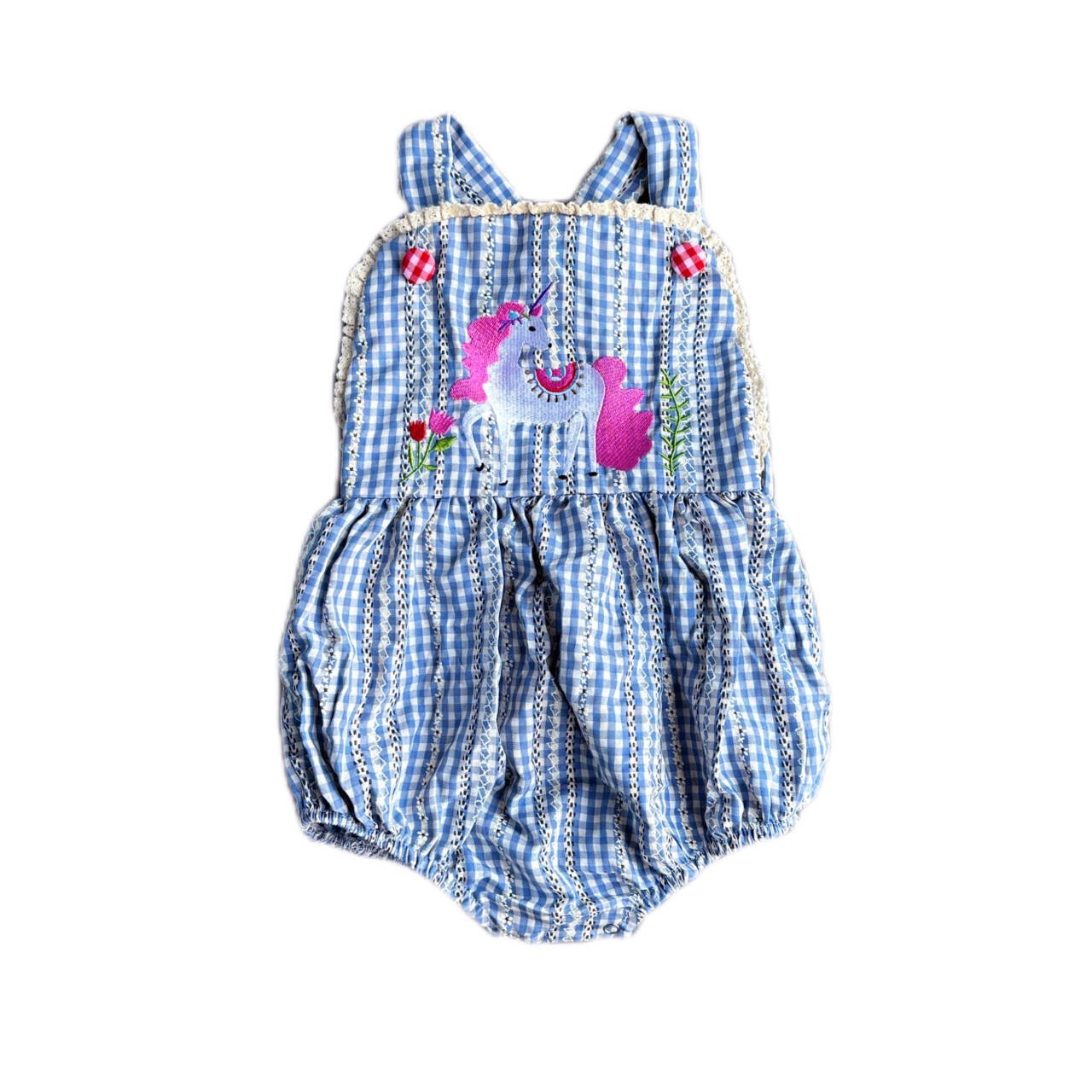 Yihui OEM color bule cotton Children's short cute custom patterned onesie pajamas sleeveless embroidery bubbles baby romper