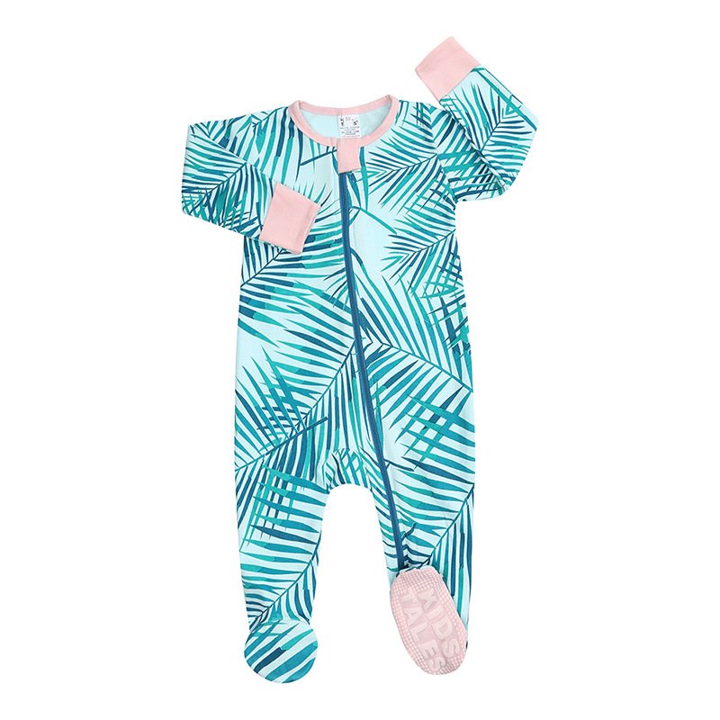 Autumn and Winter Hot Selling Round Neck Bamboo Zipper Digital Print Sole Drip Adhesive Wrap Foot Baby Jumpsuit baby rompers