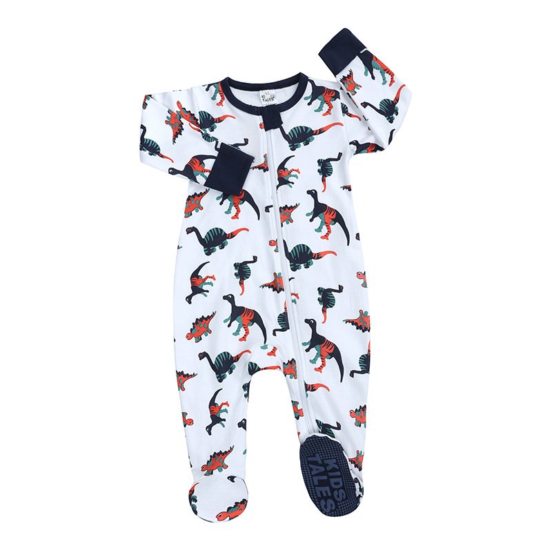 Autumn and Winter Hot Selling Round Neck Bamboo Zipper Digital Print Sole Drip Adhesive Wrap Foot Baby Jumpsuit baby rompers