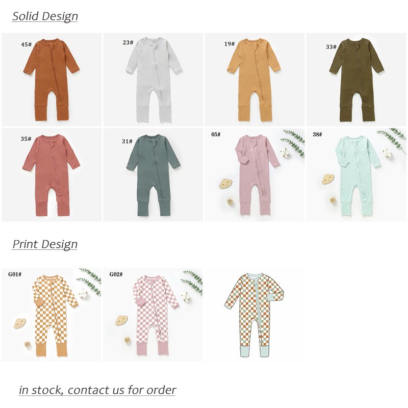 Solid Soft Summer Double Way Zipper Bamboo Baby Onesie Long Sleeve Infant Baby Rompers