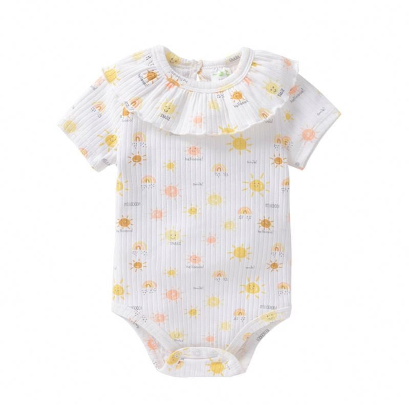 Discount Summer Cute O-Neck Floral Border Collar Children Short Sleeve 0-1 Year Girls Clothing Sets Wholesale Baby Rompers