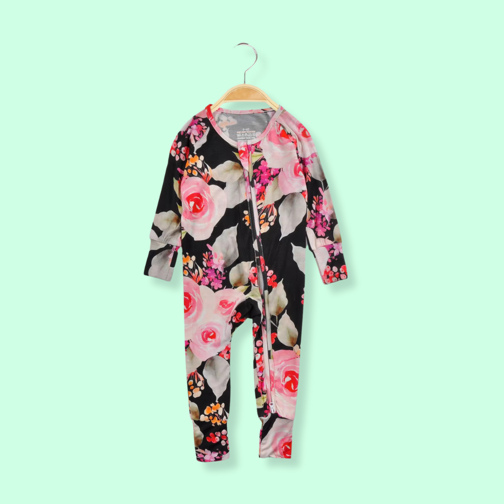 Eco-Friendly Organic Bamboo Baby Girls Onesie Black Rose Print Zippered Flip Convertible Feet Breathable Baby Romper