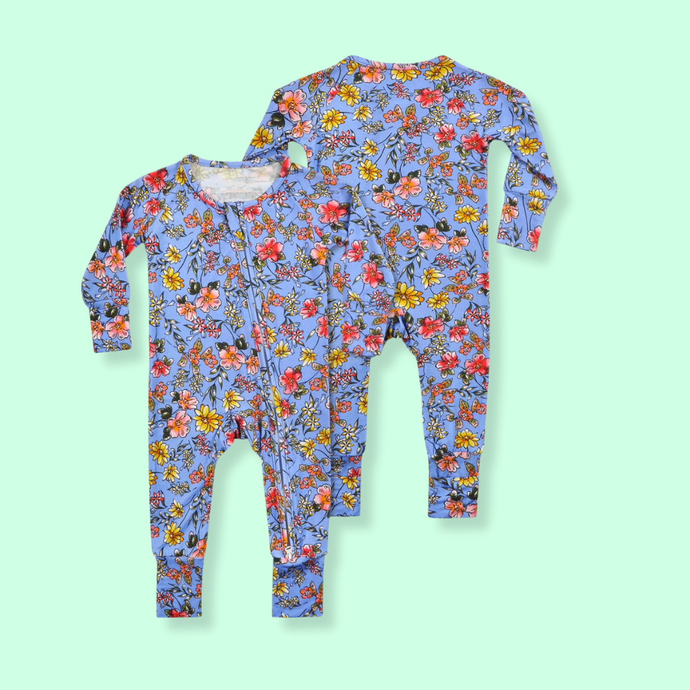 Eco-Friendly Organic Bamboo Baby Girls Onesie Black Rose Print Zippered Flip Convertible Feet Breathable Baby Romper