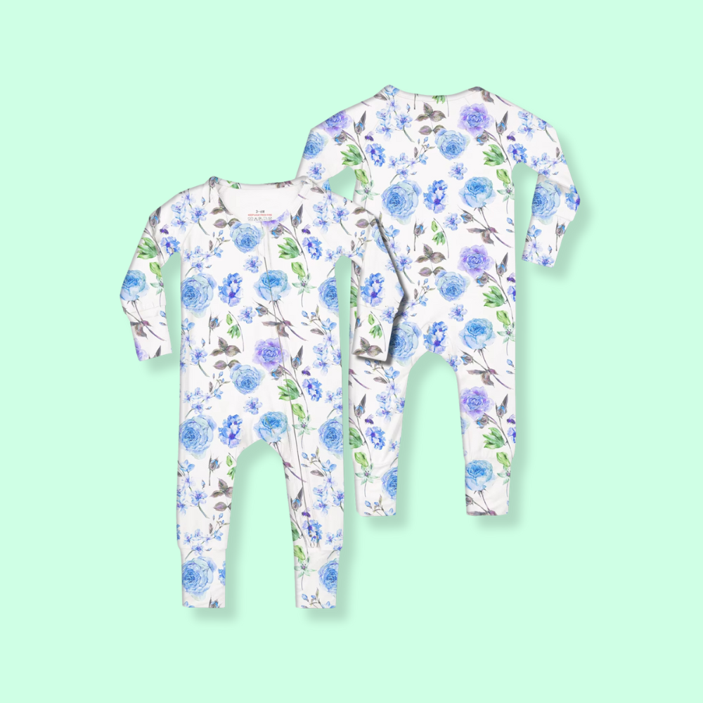 Eco-Friendly Organic Bamboo Baby Girls Onesie Black Rose Print Zippered Flip Convertible Feet Breathable Baby Romper
