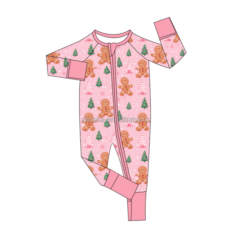 Cross-border wholesale Private Custom 95%Bamboo fiber and 5% spandex Christmas baby romper with double zippers