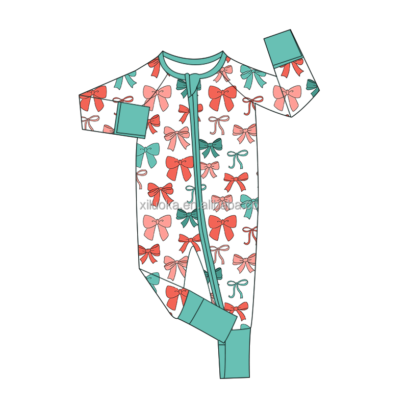 Cross-border wholesale Private Custom 95%Bamboo fiber and 5% spandex Christmas baby romper with double zippers