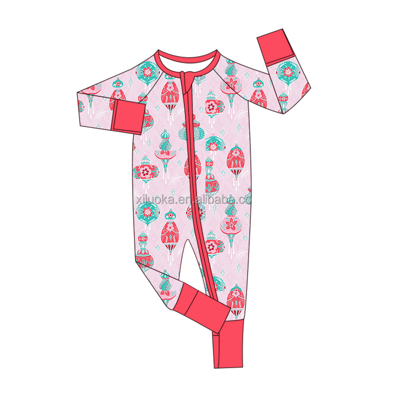 Cross-border wholesale Private Custom 95%Bamboo fiber and 5% spandex Christmas baby romper with double zippers