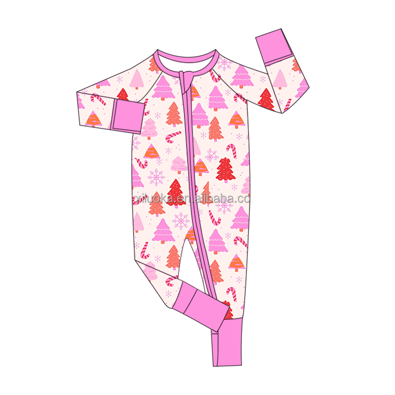 Cross-border wholesale Private Custom 95%Bamboo fiber and 5% spandex Christmas baby romper with double zippers