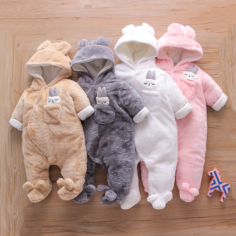 2022 Unisex Baby Thicken Romper Winter Autumn Animal Rabbit Clothes Hoodie Jumpsuit Home
