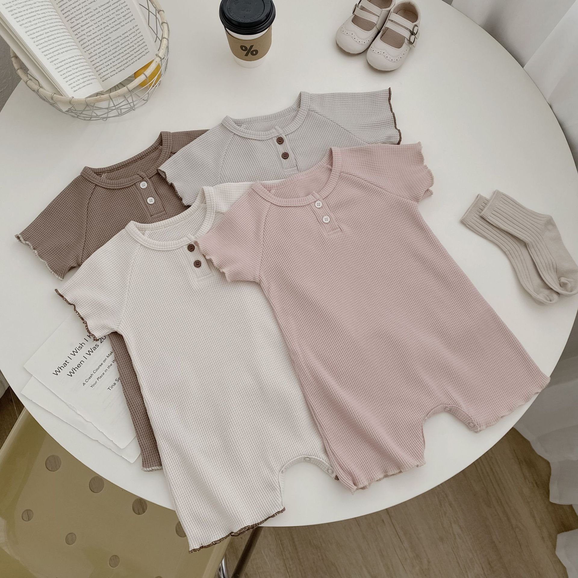 Summer New Baby Waffle Short Sleeve Jumpsuit Romper