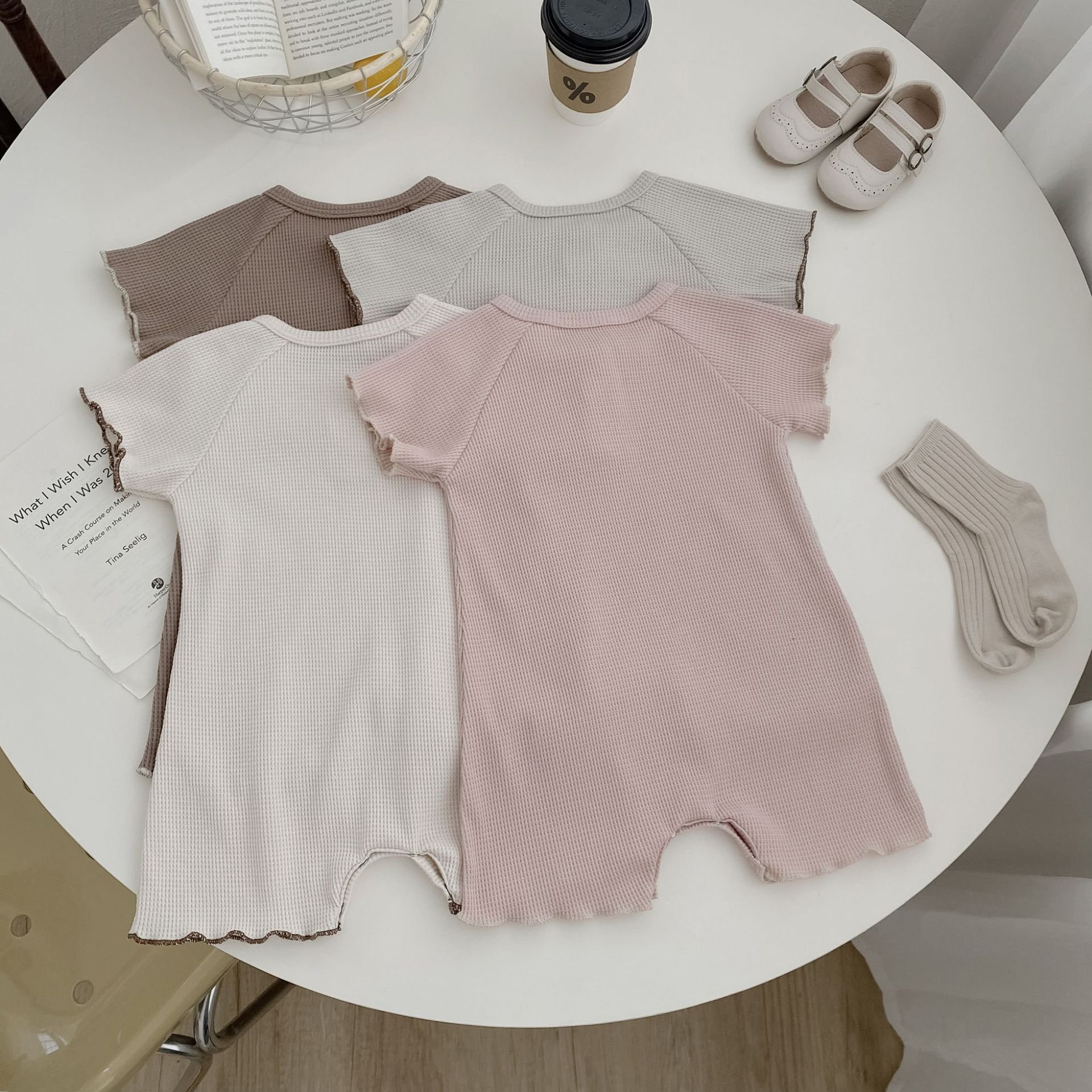Summer New Baby Waffle Short Sleeve Jumpsuit Romper