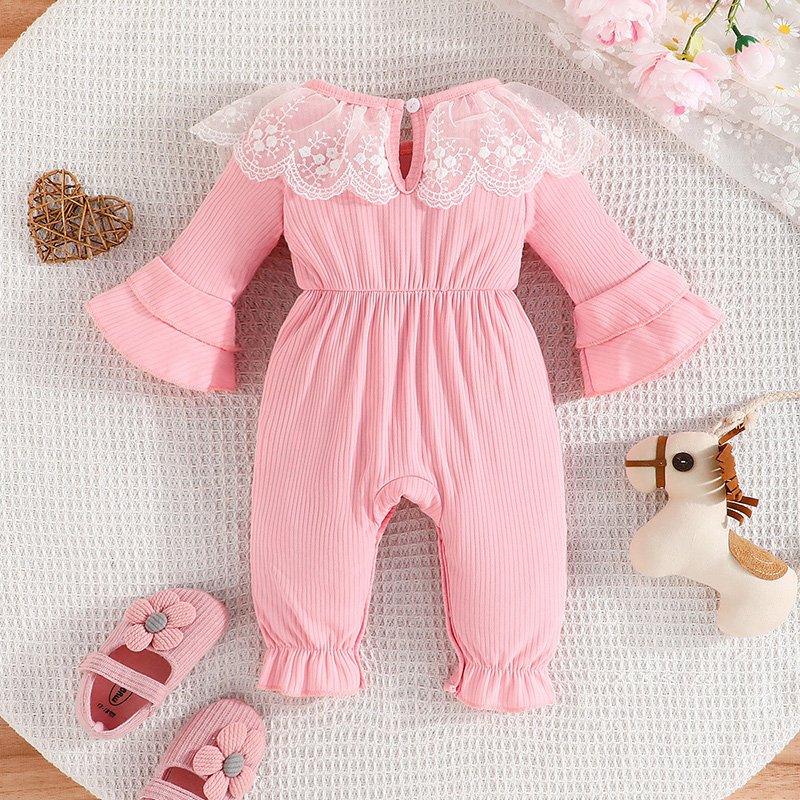 Fall Baby Long Sleeve Ribbed Cotton Jumpsuit Round neck bell sleeve lace jumpsuit solid color infant baby girls rompers