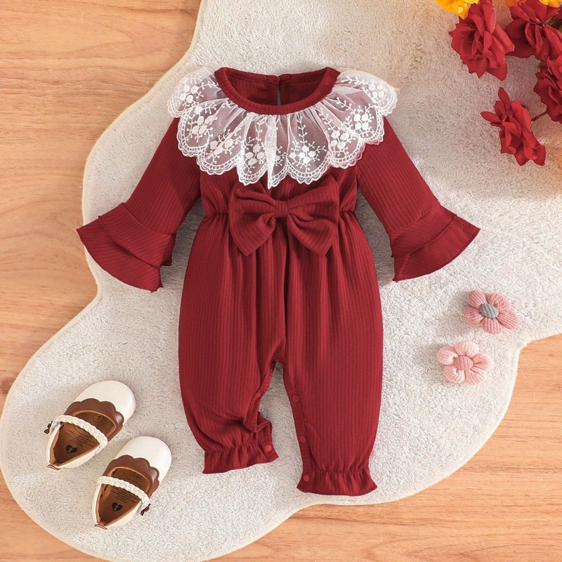 Fall Baby Long Sleeve Ribbed Cotton Jumpsuit Round neck bell sleeve lace jumpsuit solid color infant baby girls rompers