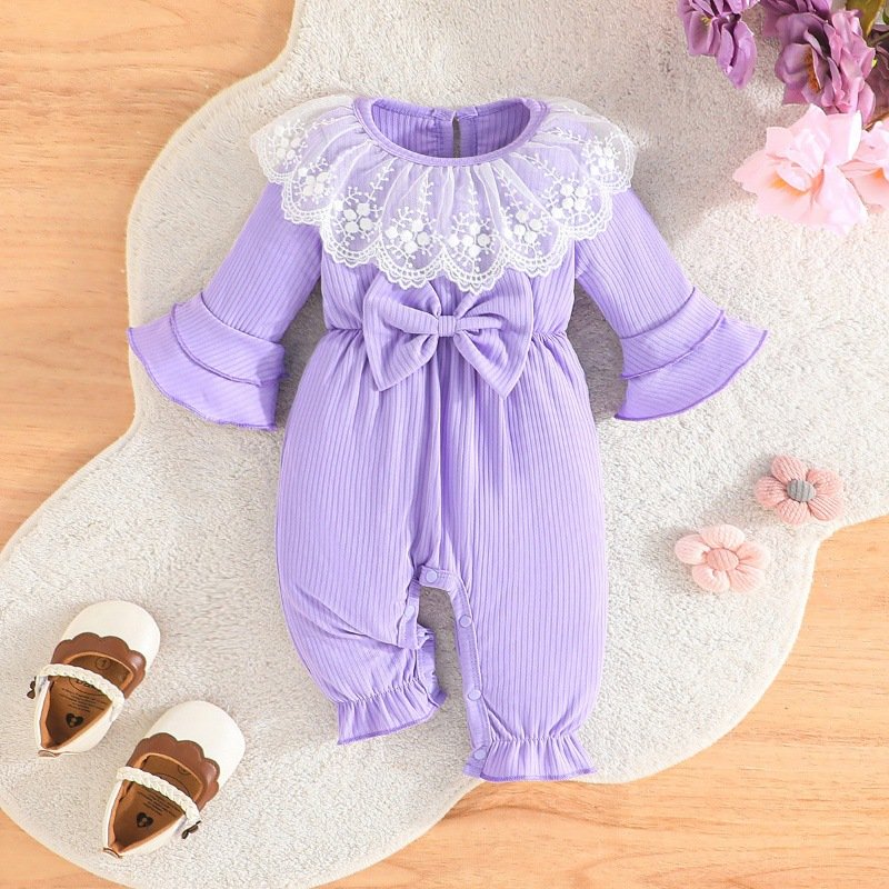 Fall Baby Long Sleeve Ribbed Cotton Jumpsuit Round neck bell sleeve lace jumpsuit solid color infant baby girls rompers