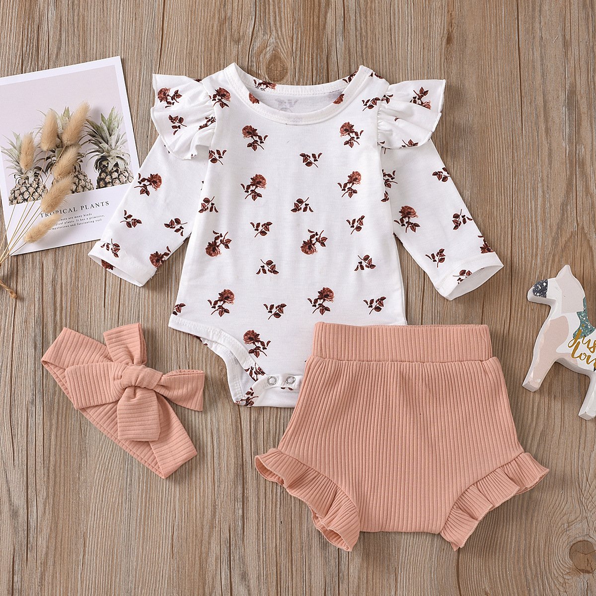 2020 toddler autumn new print fly sleeve long sleeve romper + ribbed shorts + headband set baby girl clothes sets