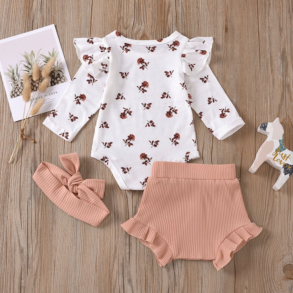 2020 toddler autumn new print fly sleeve long sleeve romper + ribbed shorts + headband set baby girl clothes sets