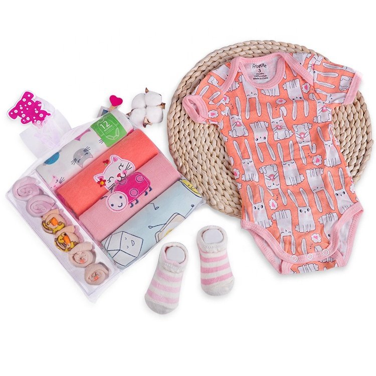 2019 Gift Bab Combination Sale Baby Bodysuit Short Sleeve with Socks & Wash