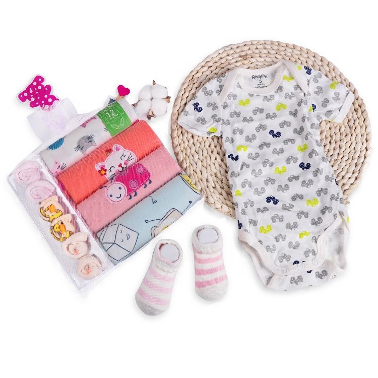 2019 Gift Bab Combination Sale Baby Bodysuit Short Sleeve with Socks & Wash