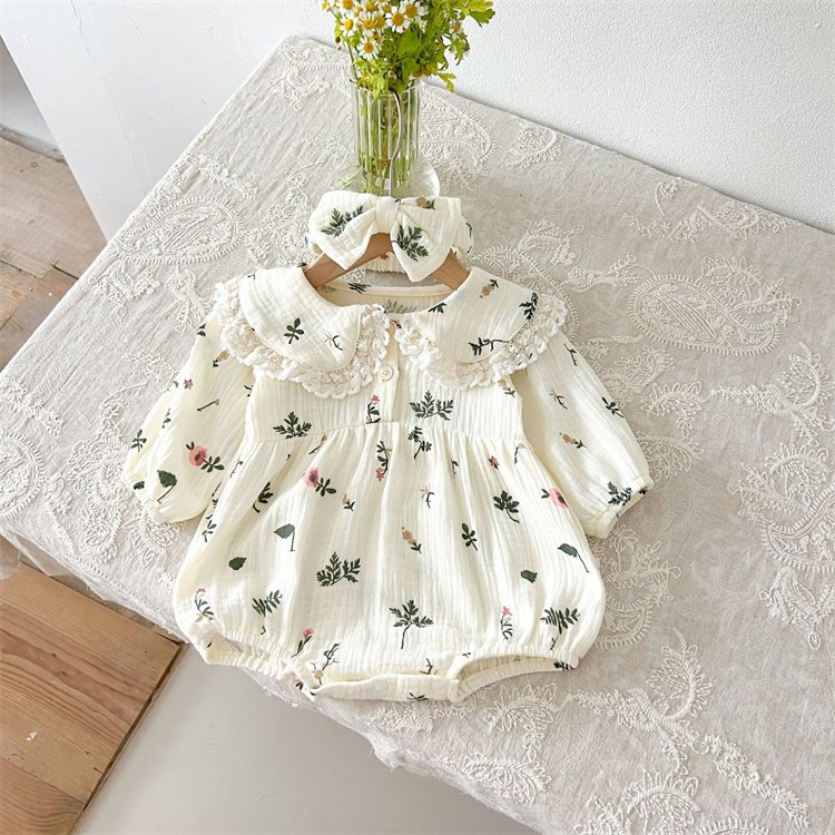 Autumn Clothes Infants Young Children Baby Girls Doll Collar Floral Long-sleeved Triangle Baby Romper