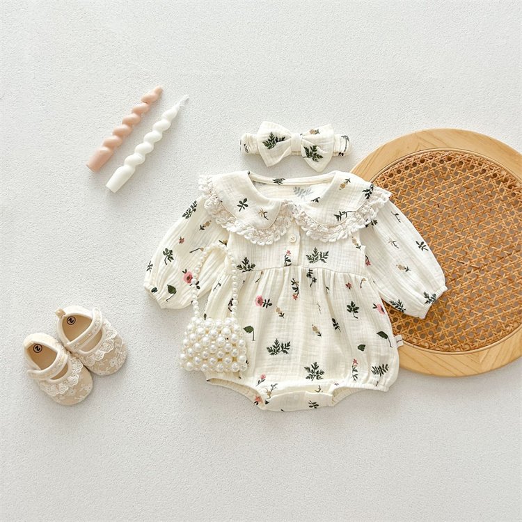 Autumn Clothes Infants Young Children Baby Girls Doll Collar Floral Long-sleeved Triangle Baby Romper