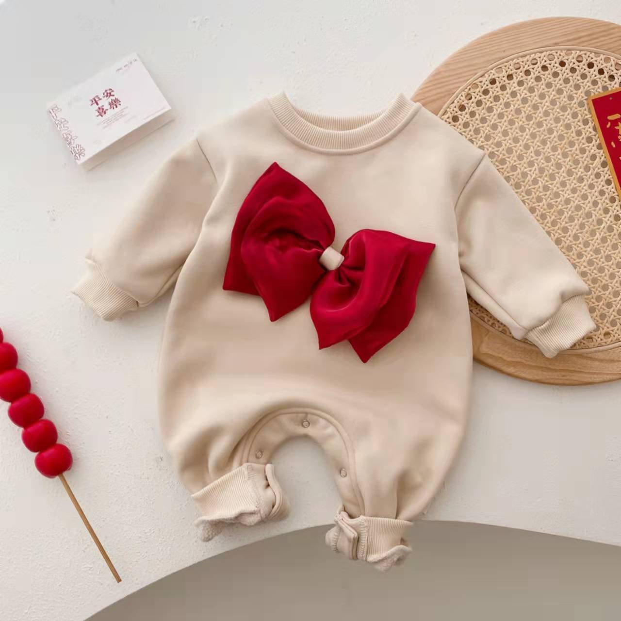 Sweet bow Snap Button Winter baby romper thick inner fleece toddler clothes baby jumpsuit