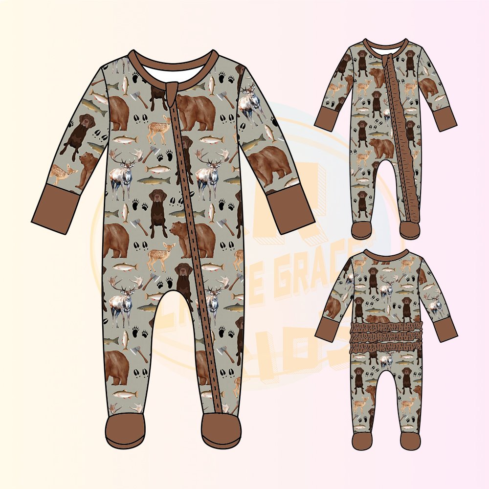 KERUI Hot Trendy Long-sleeved Bamboo Sleeper Footie Cartoon Fish Deer Duck Animal Camouflage Boys Ruffles Zippies Baby Romper