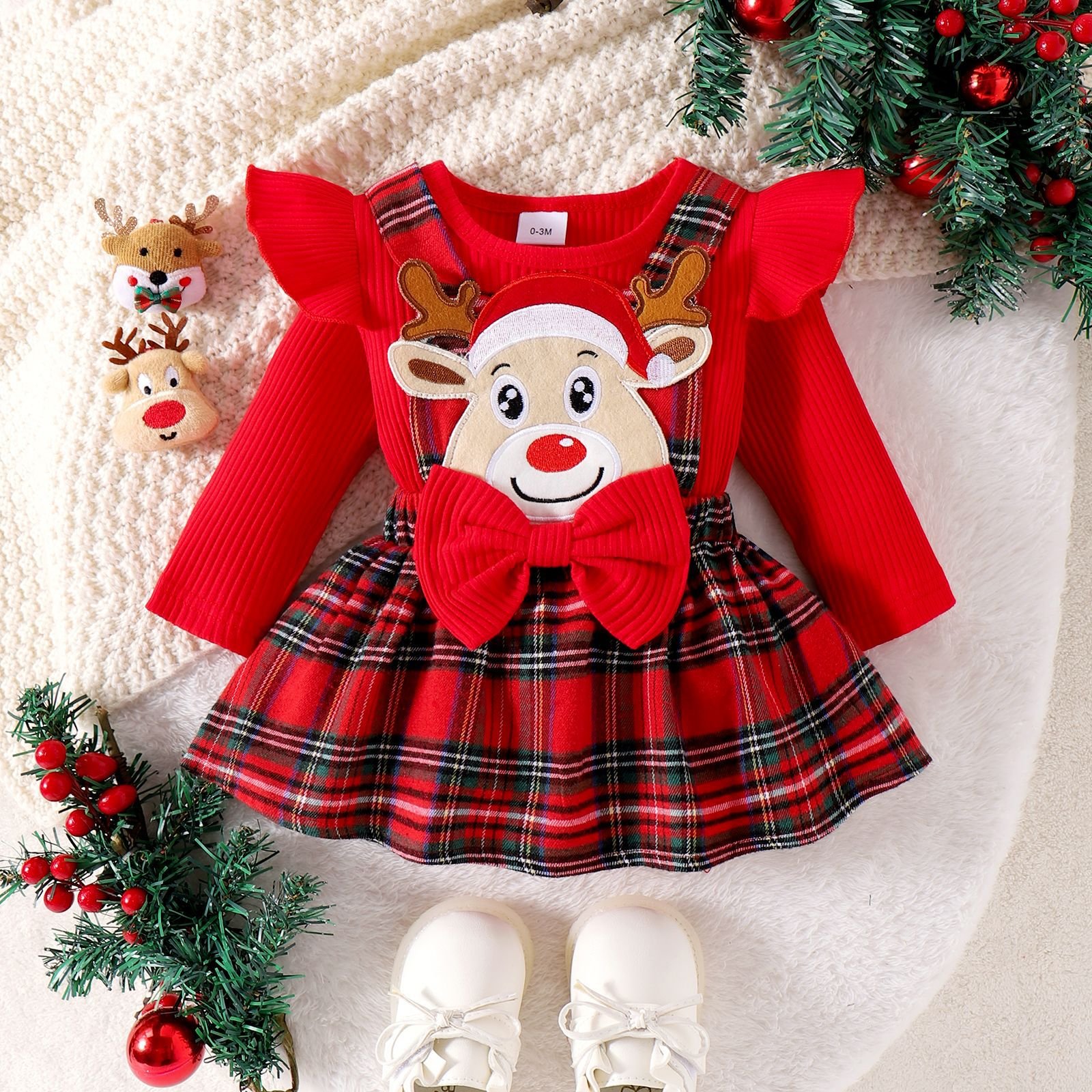 Christmas Children Clothing Cartoon Santa Claus Deer Cute Baby Romper 0-18M Long Fly Sleeve Plaid Printed Baby Boutique Clothing