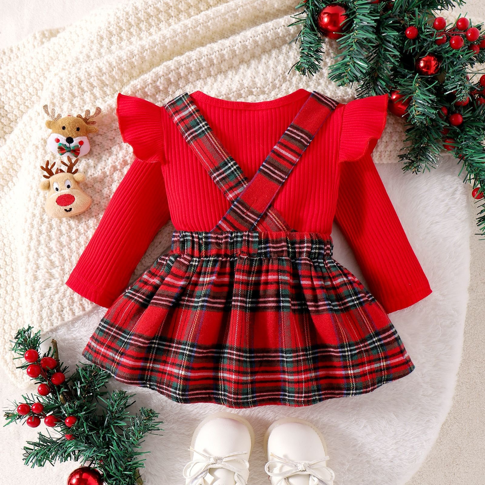 Christmas Children Clothing Cartoon Santa Claus Deer Cute Baby Romper 0-18M Long Fly Sleeve Plaid Printed Baby Boutique Clothing