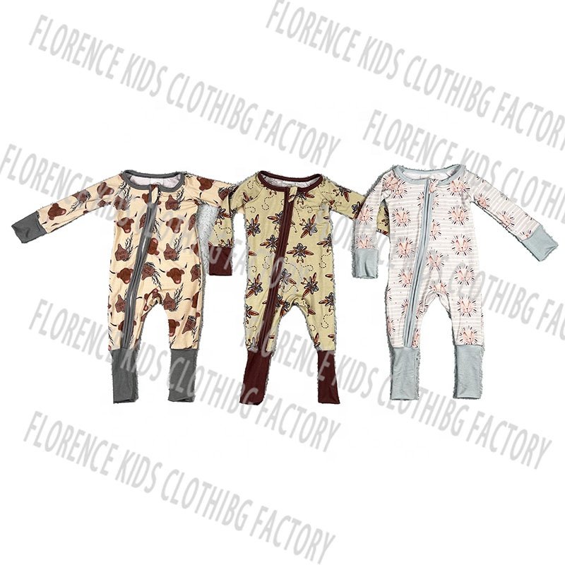 DH ODM custom fashion cow girls boys bamboo zippy long sleeve jumpsuit infant romper