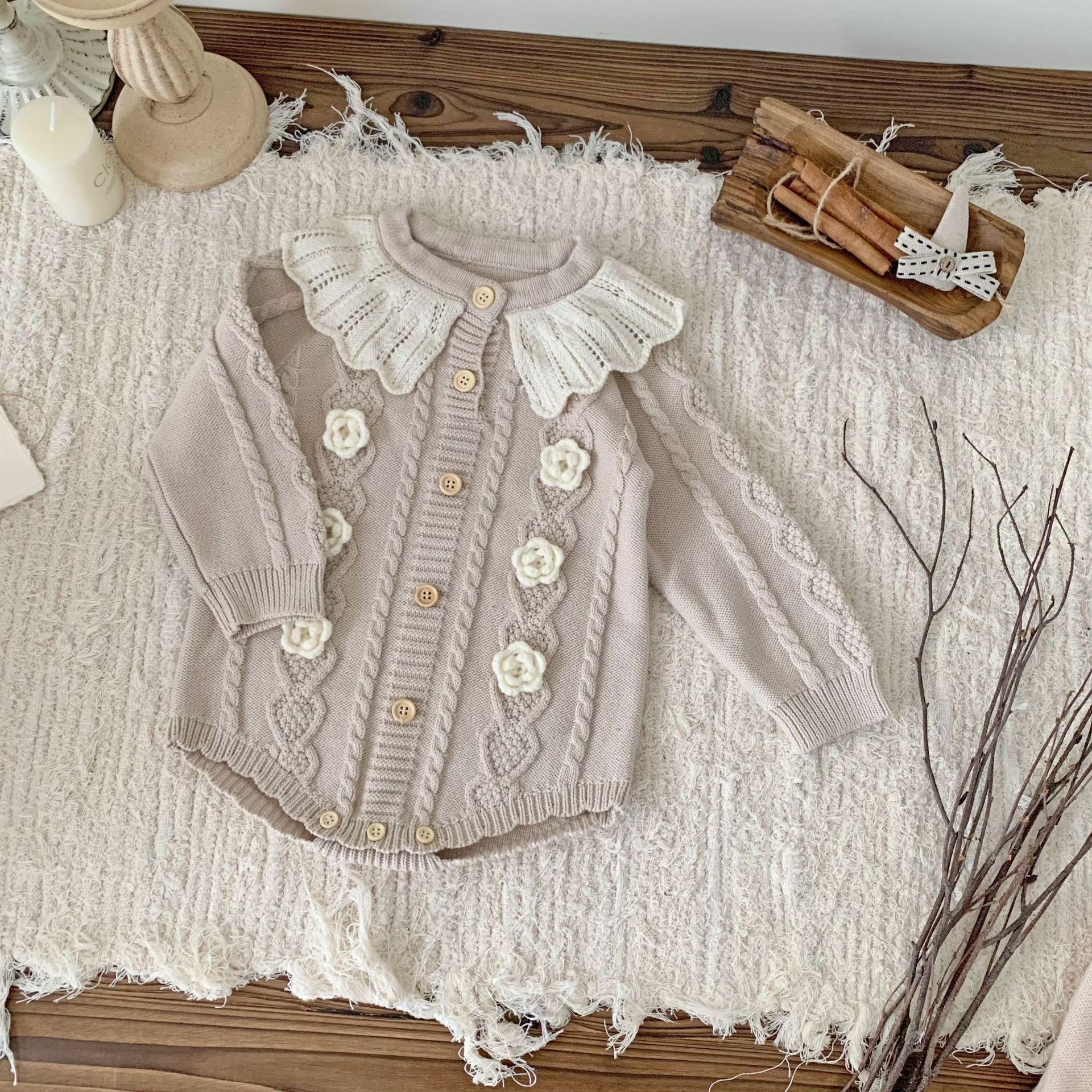 Baby Clothes Girls 6-9 Months Cotton Knitted Jumpsuit Baby Ruffles Hand-crocheted Floral Romper For Baby Girl