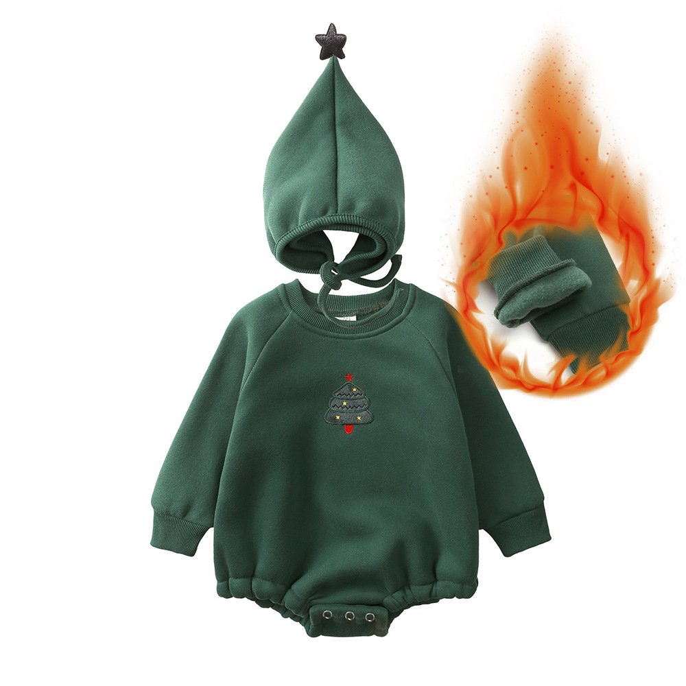 Warm Winter Autumn Cute Onesie Jumpsuit Long Sleeve Coveralls Embroidery Christmas Tree Santa Elk Fleece Baby Romper With Hat
