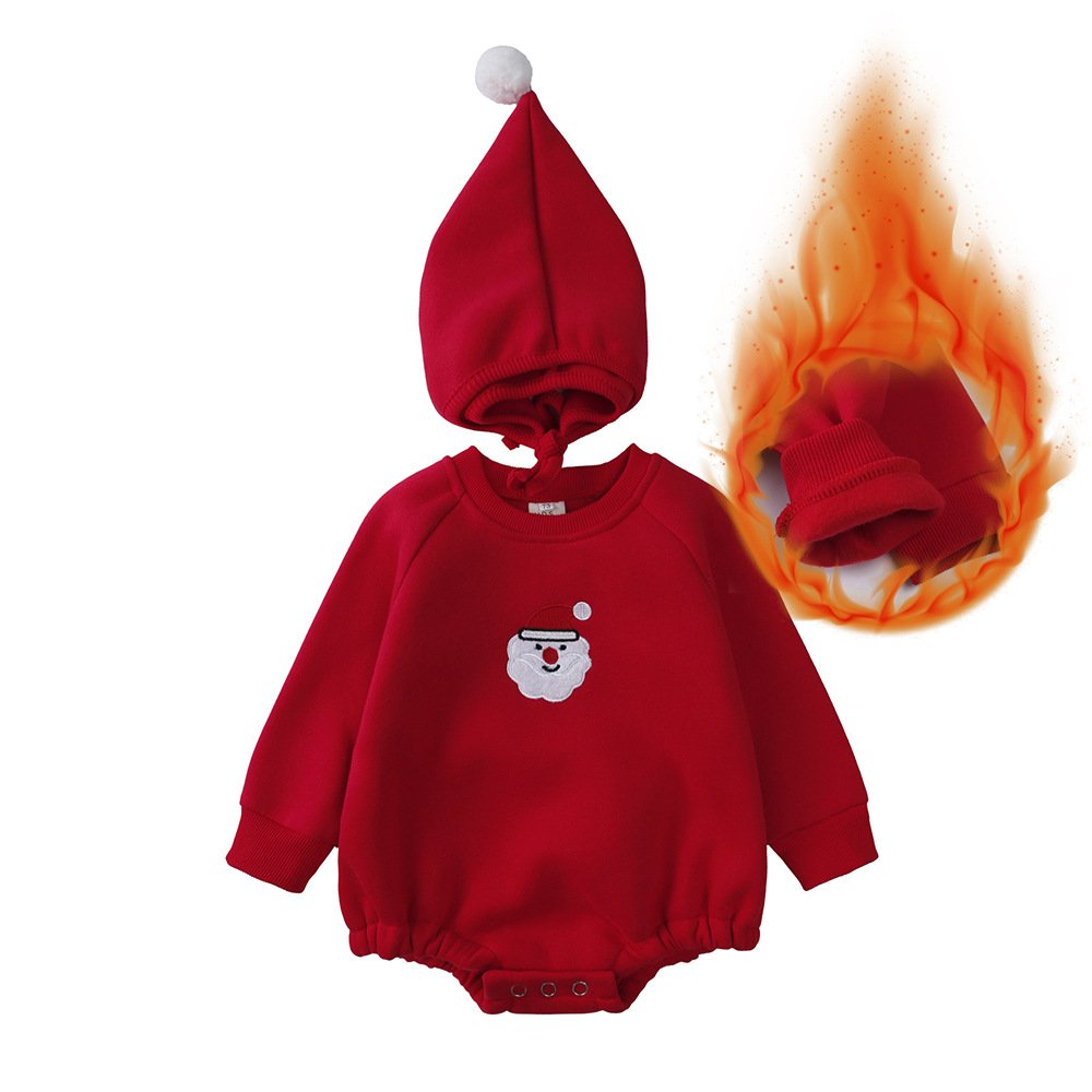 Warm Winter Autumn Cute Onesie Jumpsuit Long Sleeve Coveralls Embroidery Christmas Tree Santa Elk Fleece Baby Romper With Hat